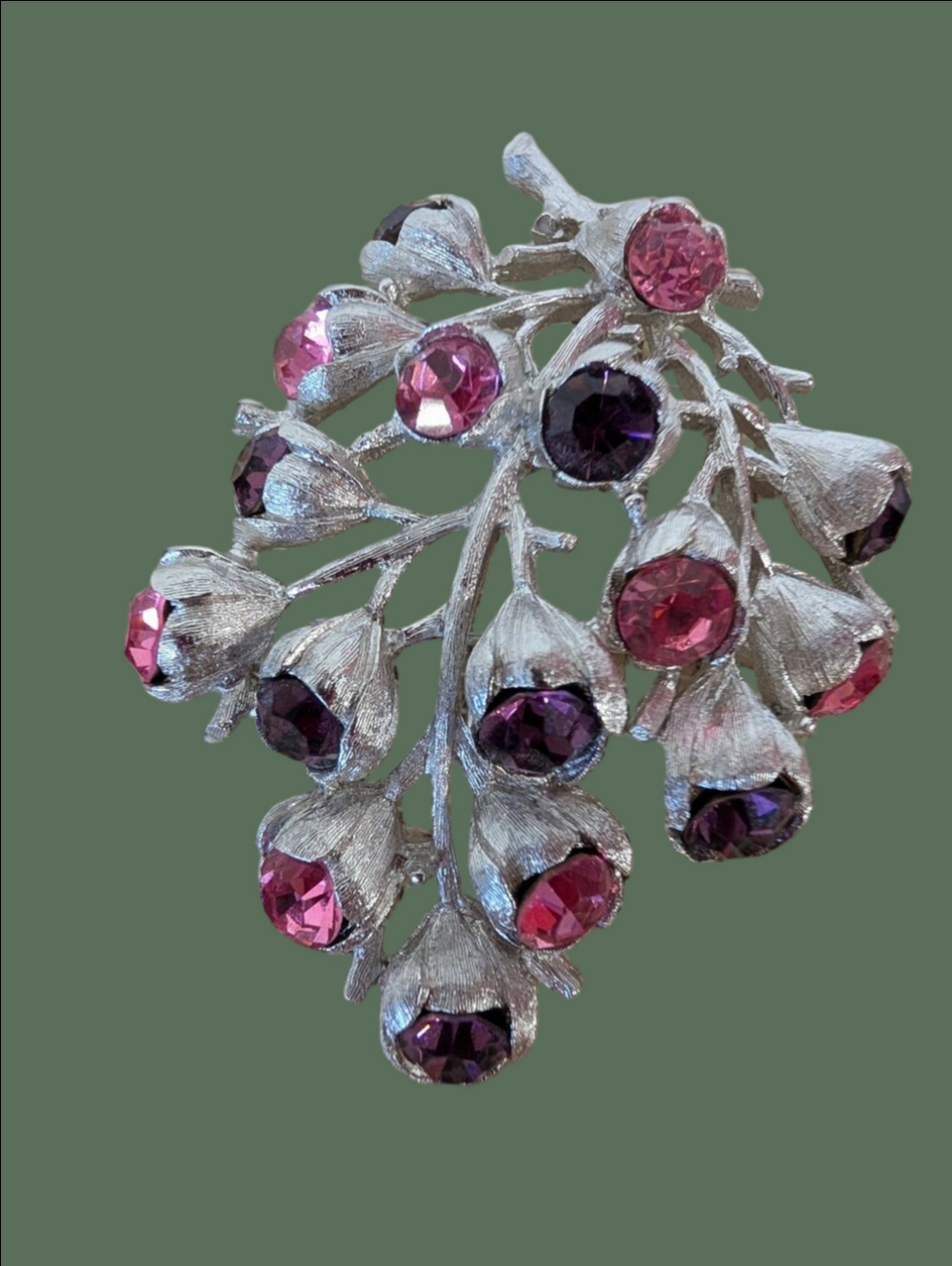 Vintage Brooch By Sarah Coventry Pink  Purple Crystals Silver Branch Brooch